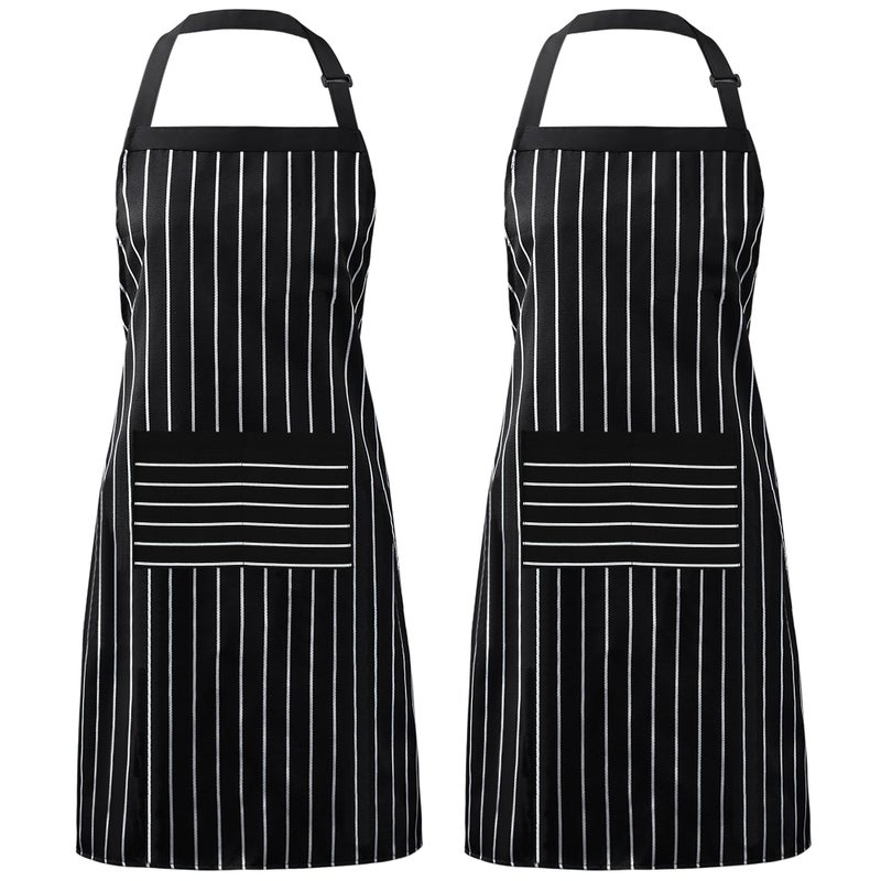 Syntus 2 Pack Adjustable Bib Apron with 3 Pockets Cooking Kitchen Aprons for Women Men Chef, Black/White Pinstripe - Image 1